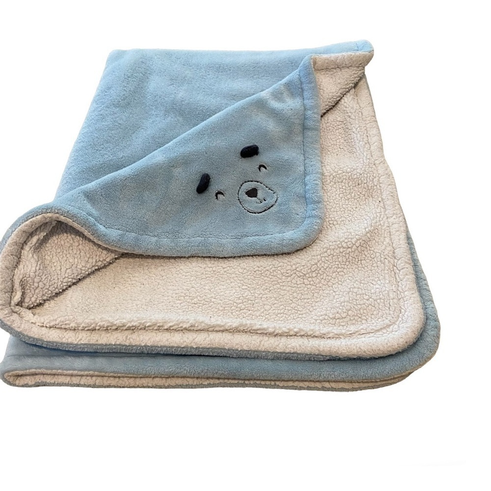 Carters Dog Face Puppy Baby Blanket Blue Plush White Sherpa Lovey Throw Crib Boy